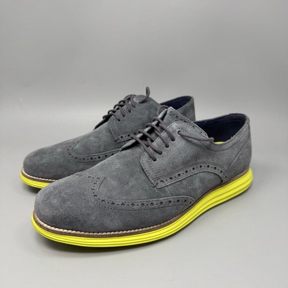 Cole Haan LunarGrand Wingtip Mens 9W Gray Suede with Volt Yellow Sole C28220 main image 5